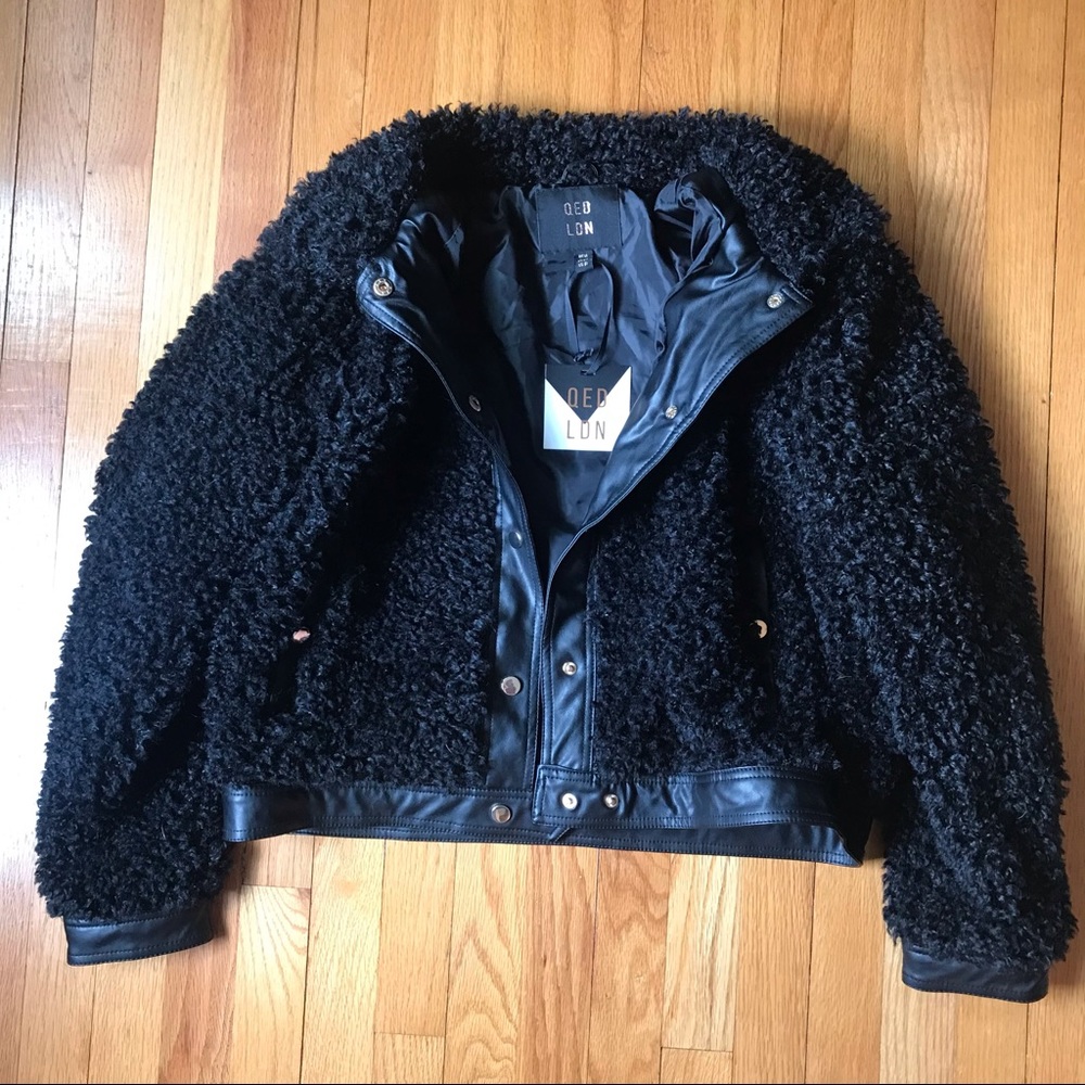 NWT Qed London Fuzzy Teddy Leather Moto Jacket